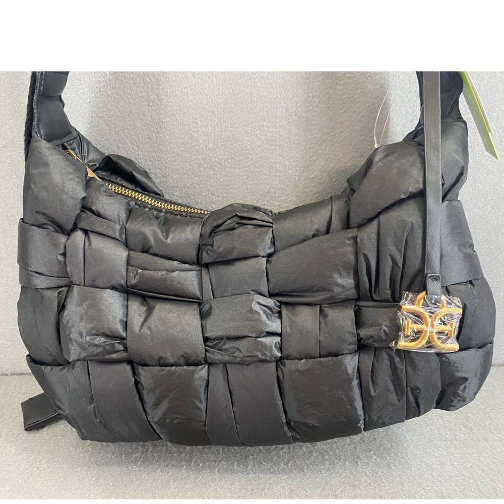 Sam Edelman ELCIE Black Puffer Woven Quilted Hobo Shoulder Bag Gold Logo NWT